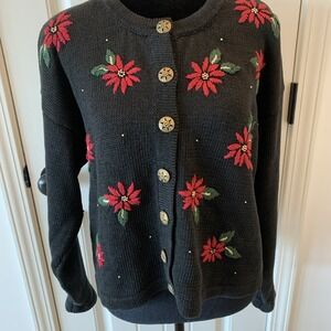 Jennifer & Company Embroidered Christmas Poinsettia Sweater Button Down Women L